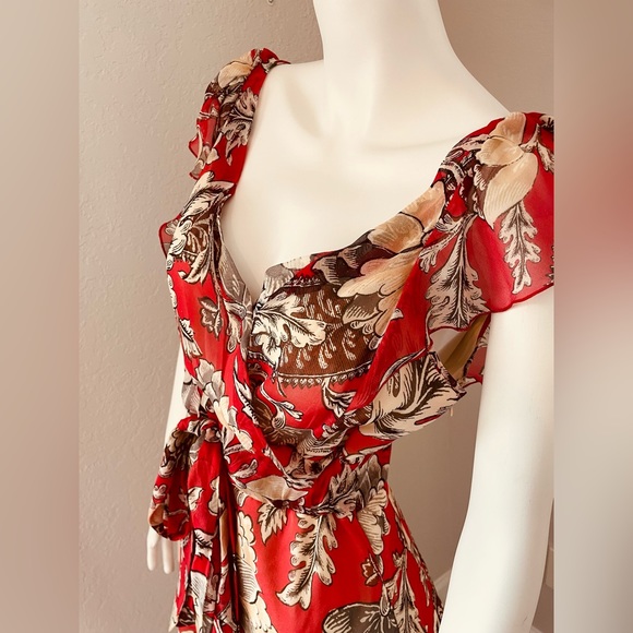 Diane Von Furstenberg Red Floral Silk Tie Waist Dress Size 6 - Picture 6 of 7